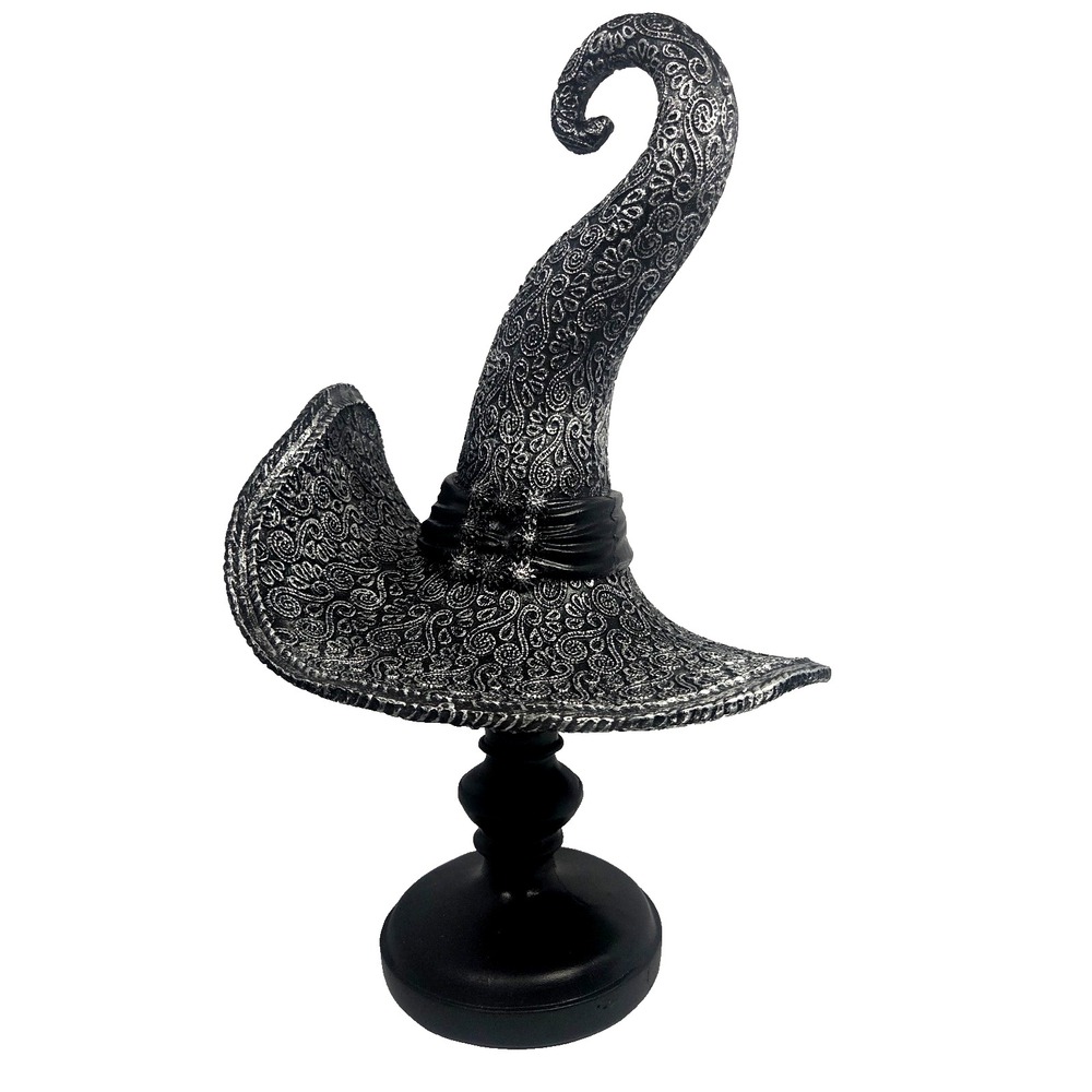 Silver Black Gothic Witch Hat Pedestal Halloween Table Decor Resin 15" Tall